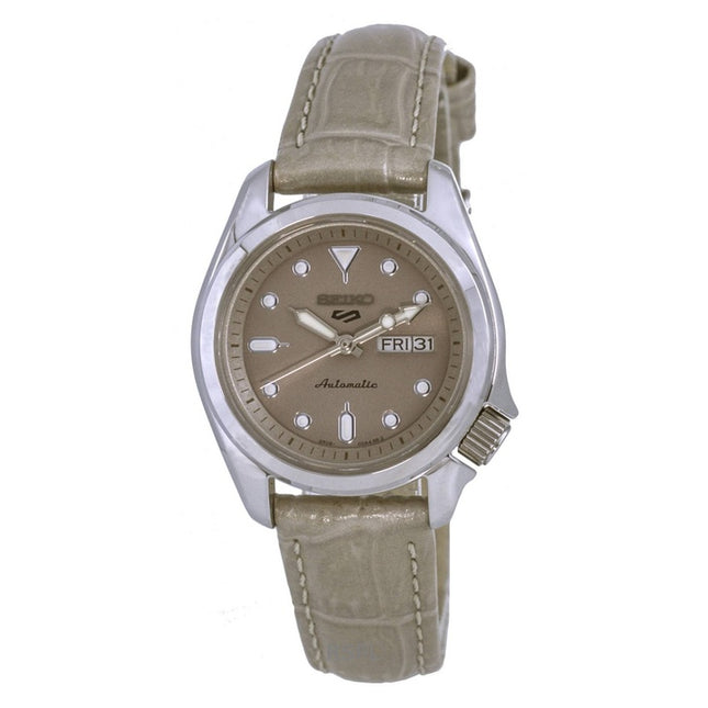 Refurbished Seiko 5 Sports Compact Leather Strap Beige Dial Automatic SRE005K1 100M Women's Watch