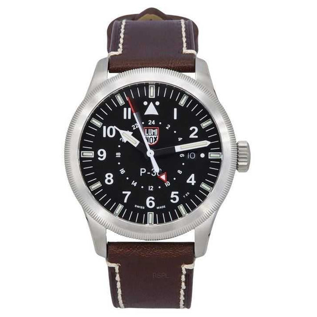 Luminox Air Pilot P-38 Lightning GMT Leather Strap Black Dial Quartz XA.9521 100M Men's Watch