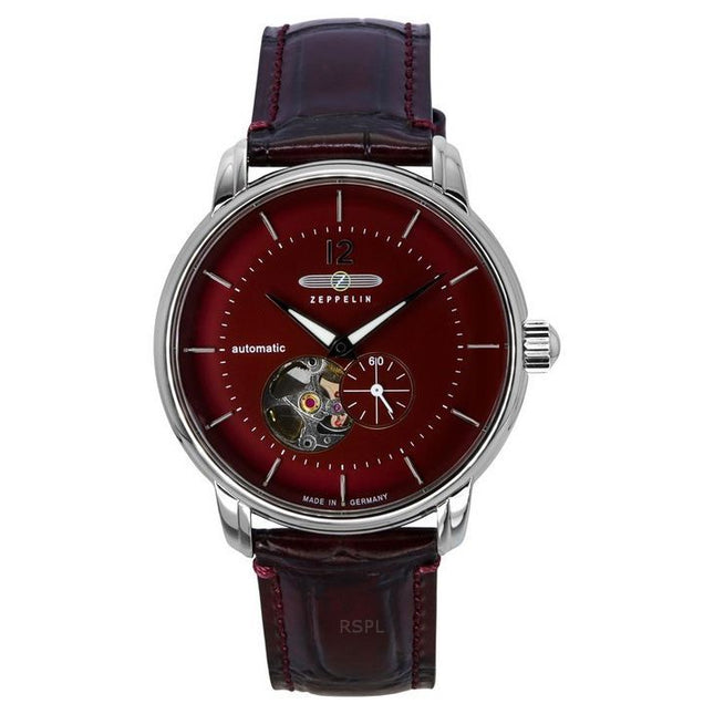 Zeppelin LZ 120 Bodensee Leather Strap Red Open Heart Dial Automatic 81665 Men's Watch