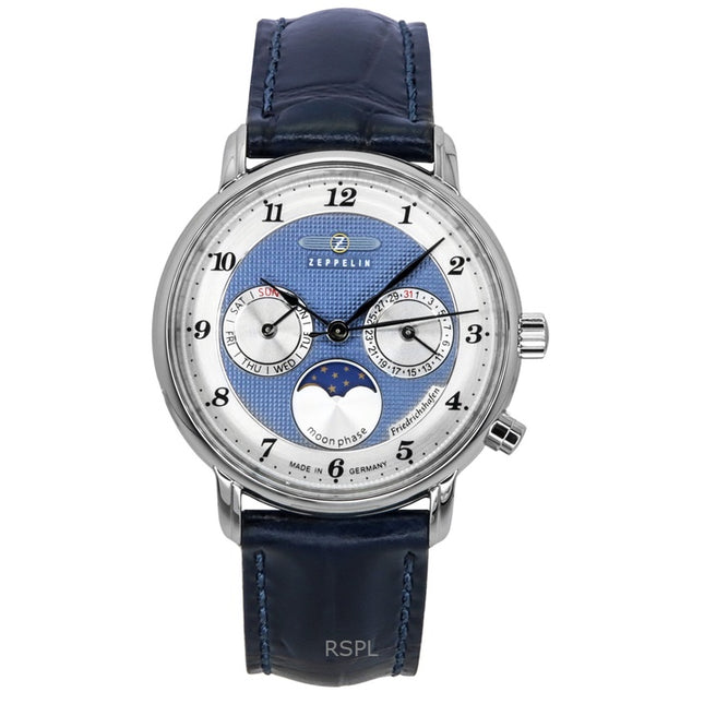 Zeppelin Friedrichshafen Moon Phase Leather Strap Blue Dial Quartz 85373 Women's Watch