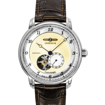 Zeppelin Friedrichshafe Brown Leather Strap Open Heart Gold Dial Automatic 85665 Men's Watch