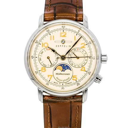 Zeppelin Mediterranee Moonphase Leather Strap Champagne Dial Quartz 96375 Men's Watch