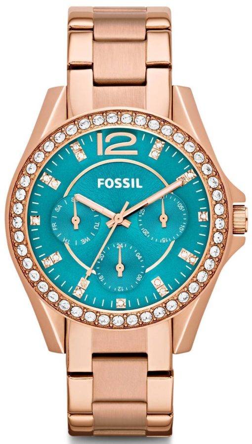 Fossil Riley Multi-Function Rose Gold-Tone Turquoise Dial ES3385 Womens Watch